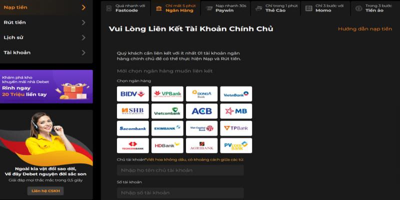 Vấn đề cần quan tâm khi nạp tiền Debet